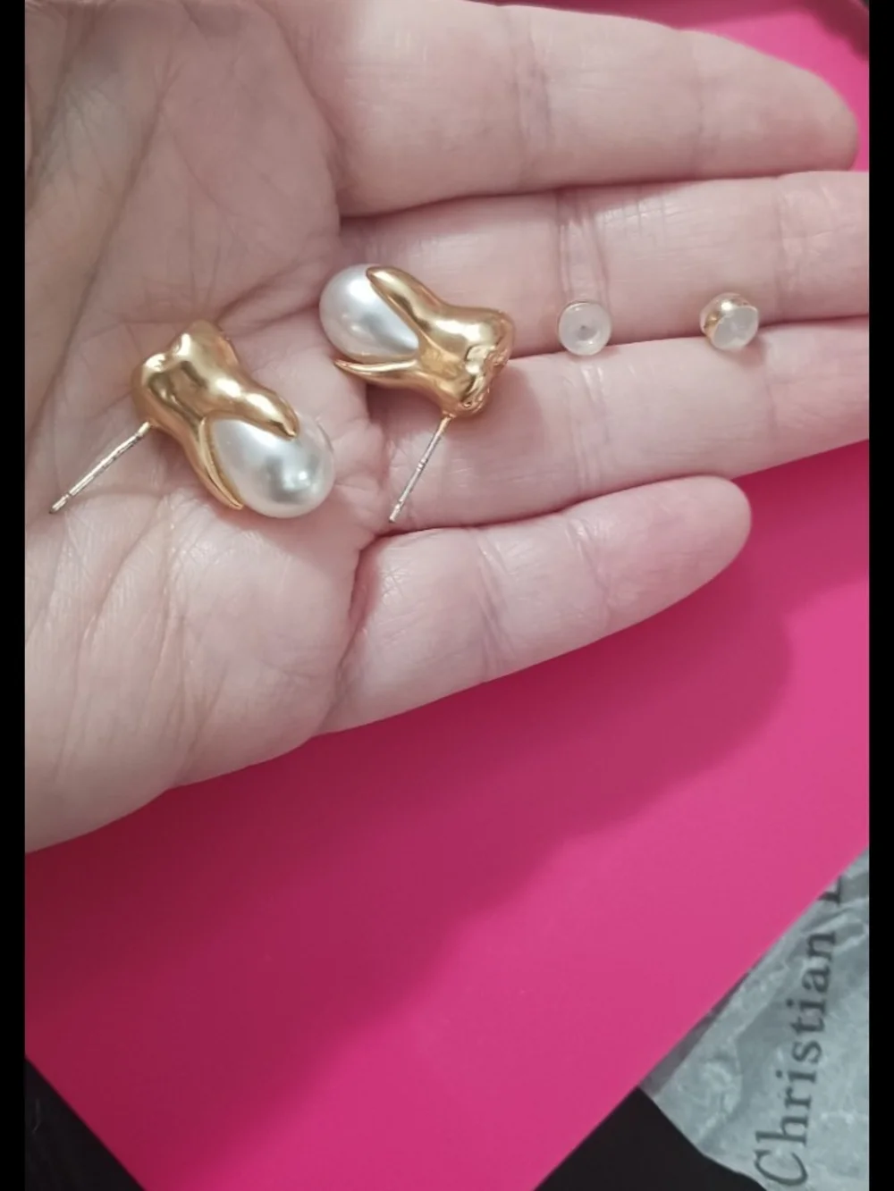 Schiaparelli Gold and White Pearl Tooth Small Drop Earrings Studs Made FRANCE - Picture 4 of 4